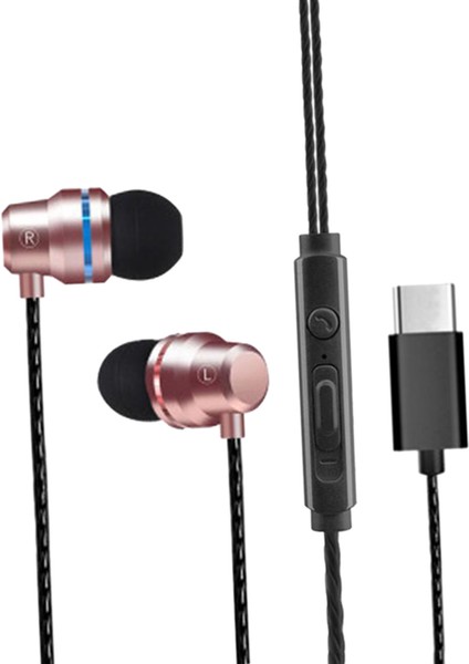 USB C Ses Kontrolü Kulaklıklar Kablolu Kulak Hifi Stereo Kulakiçi Mikrofon Gül Altın ile (Yurt Dışından)