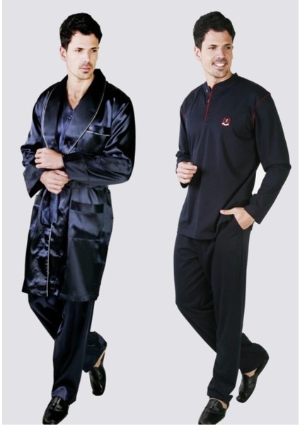Ancelo erkek Saten Robdöşambr, Saten Pijama ve Pamuk Pijama 5li Damat Çeyiz Set ANC2010