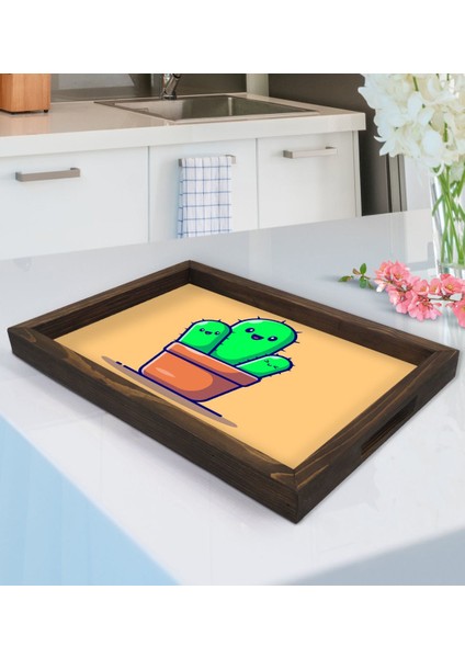Gift Kaktüs Tasarımlı Doğal Ahşap Tepsi-5
