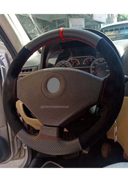Fiat Punto Direksiyon Kılıfı Alkantra Karbon Kırmızı Yüzüklü