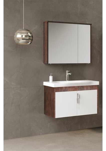 Luna 80 cm Mdf Kahve Taş Banyo Dolabı Alt Modül ve Lavabo