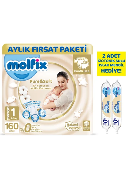 Pure and Soft Bebek Bezi Yeni Doğan 160 Adet + 2 Adet İzotonik Sulu Islak Mendil Yenidoğan Hediyeli