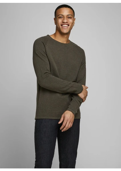 Jack & Jones 12157321_Jjehill Knit CrewNeck Noo O Yaka Uzun Kollu Normal Kalıp Düz Koyu Yeşil Erkek