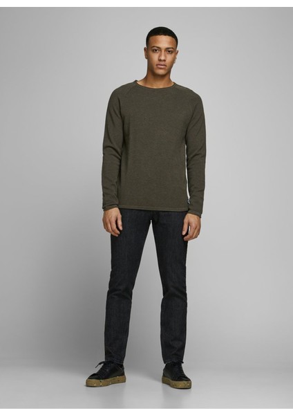 Jack & Jones 12157321_Jjehill Knit CrewNeck Noo O Yaka Uzun Kollu Normal Kalıp Düz Koyu Yeşil Erkek