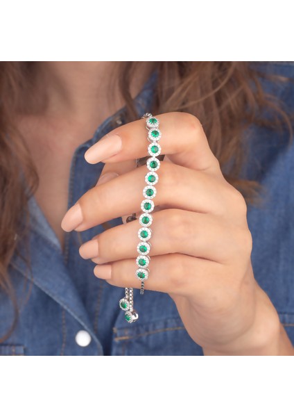 925 Ayar Gümüş Zümrüt Taşlı Asansörlü Bileklik