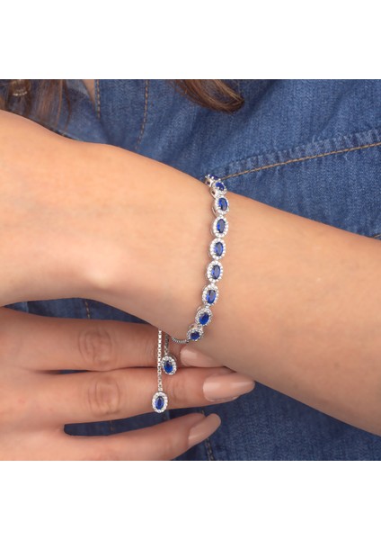 925 Ayar Gümüş Oval Safir Taşlı Asansörlü Bileklik