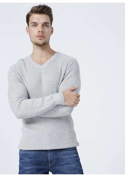 V Yaka Basic Gri Melanj ErkekKazak - BUTTON-Y
