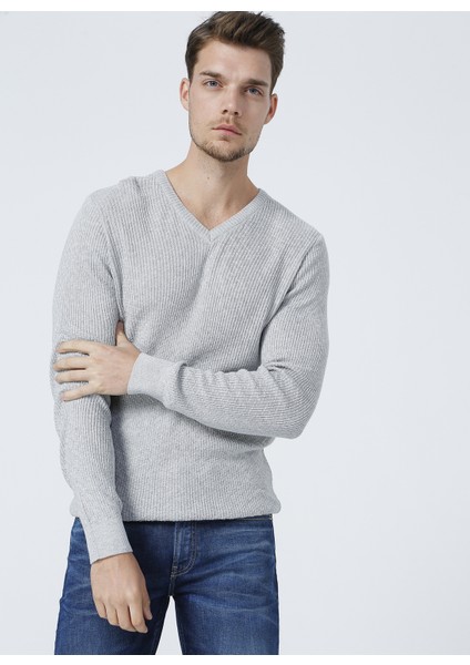 V Yaka Basic Gri Melanj ErkekKazak - BUTTON-Y fırsatları