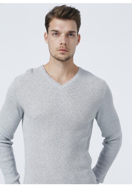 V Yaka Basic Gri Melanj ErkekKazak - BUTTON-Y indirimleri