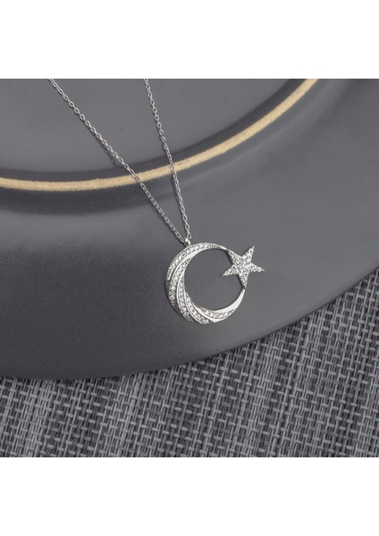 925 Ayar Gümüş Zirkon Taşlı Ay Yıldız Kolye fiyatları