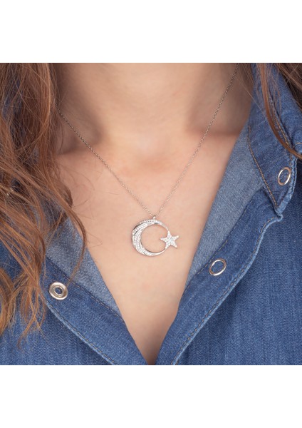 925 Ayar Gümüş Zirkon Taşlı Ay Yıldız Kolye modelleri