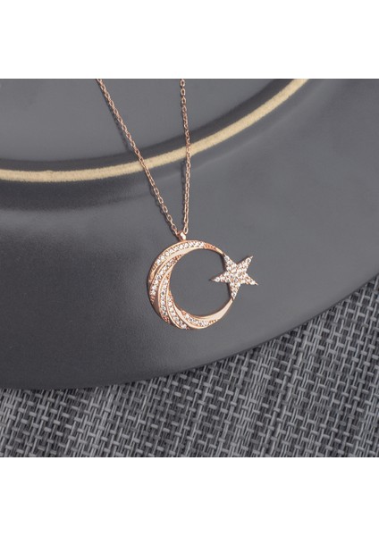 925 Ayar Gümüş Zirkon Taşlı Ay Yıldız Kolye fiyatları
