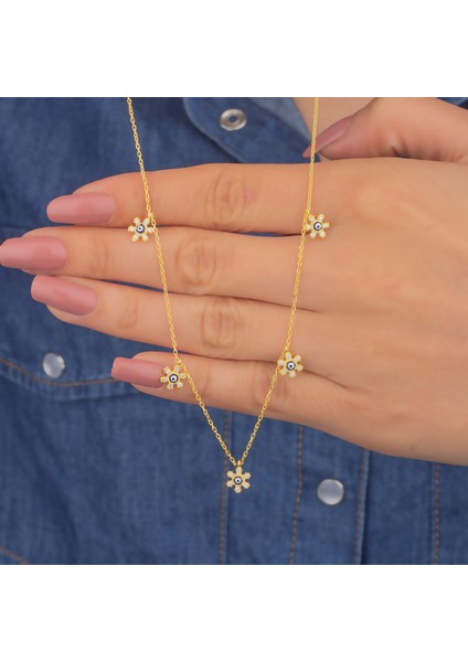 925 Ayar Gümüş Beşli Nazarlı Çiçek Kolye