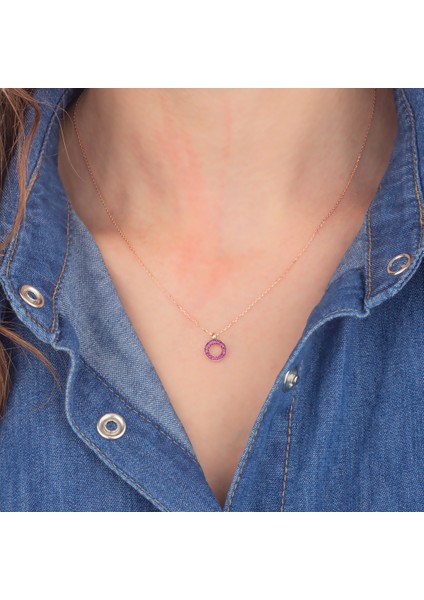 925 Ayar Gümüş Pembe Taşlı Çember Kolye modelleri