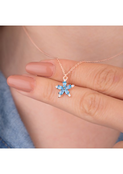 925 Ayar Gümüş Aquamarine Taşlı Hediye Çiçek Kolye