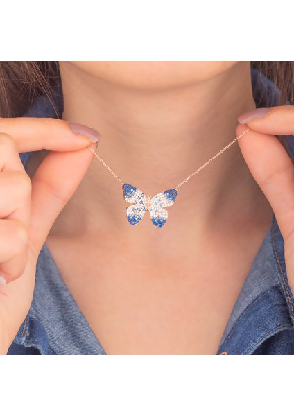 925 Ayar Gümüş Safir ve Zirkon Taşlı Kelebek Kolye