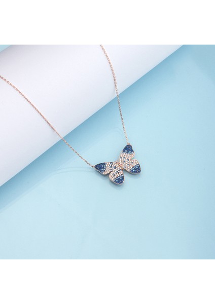 925 Ayar Gümüş Safir ve Zirkon Taşlı Kelebek Kolye fiyatları