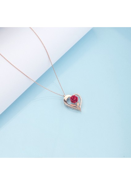 925 Ayar Gümüş Kalp Çerçeveli Gül Kolye fiyatları