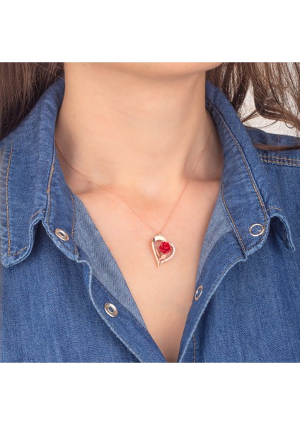 925 Ayar Gümüş Kalp Çerçeveli Gül Kolye modelleri