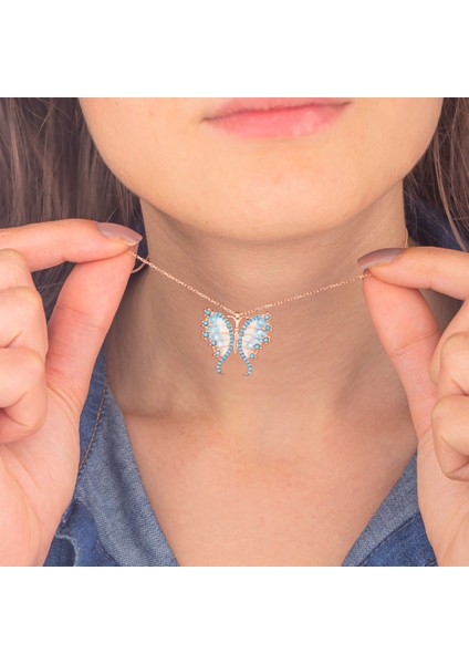 925 Ayar Gümüş Firuze Taşlı Kelebek Kolye