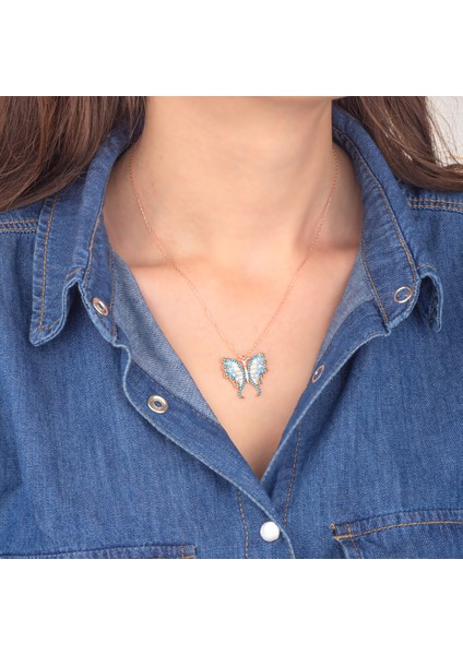 925 Ayar Gümüş Firuze Taşlı Kelebek Kolye modelleri