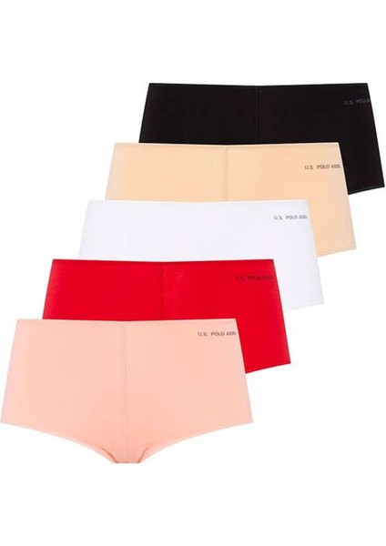 U.s. Polo Assn. 67004 Kadın Siyah-Ten-Beyaz-Somon-Kırmızı 5'li Kıl Lastikli Şort Boxer