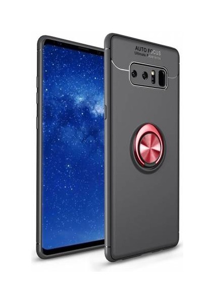 Samsung Galaxy Note 8 Yüzüklü Manyetik Ravel Kılıf Nano Ekran Koruyucu Full Setsiyah Kırmızı