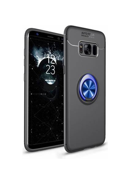 Samsung Galaxy S8 Yüzüklü Manyetik Ravel Kılıf Nano Ekran Koruyucu Full Setsiyah Mavi