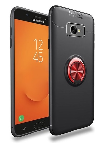 Samsung Galaxy J7 Prime 2 Yüzüklü Manyetik Ravel Kılıf Nano Ekran Koruyucu Full Setsiyah Kırmızı