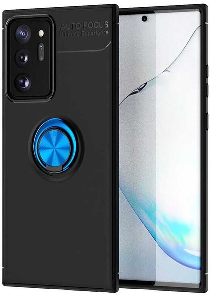 Samsung Galaxy Note 20 Ultra Yüzüklü Manyetik Ravel Kılıf Nano Ekran Koruyucu Full Setsiyah Mavi