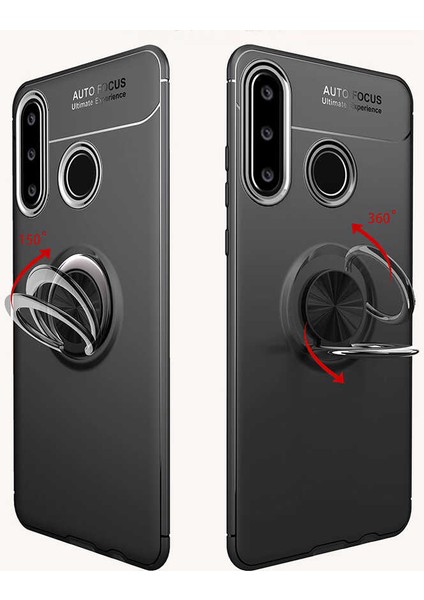Huawei Y6P Yüzüklü Manyetik Ravel Kılıf Siyah Kırmızı