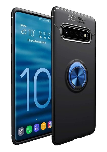 Samsung Galaxy S10 Plus Yüzüklü Manyetik Ravel Kılıf Nano Ekran Koruyucu Full Setsiyah Mavi