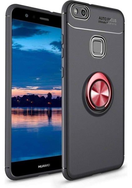Huawei P10 Lite Yüzüklü Manyetik Ravel Kılıf Siyah Kırmızı