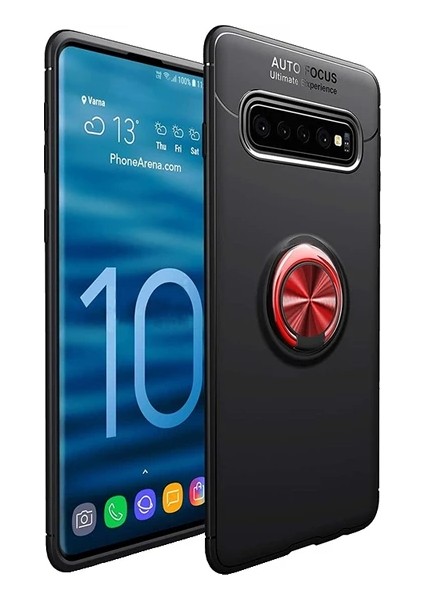 Samsung Galaxy S10 Plus Yüzüklü Manyetik Ravel Kılıf Nano Ekran Koruyucu Full Setsiyah Kırmızı