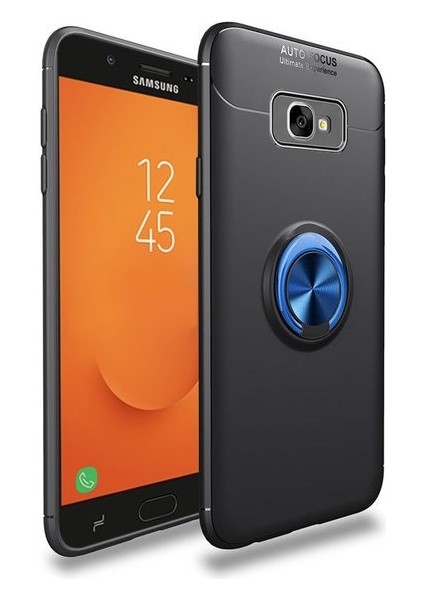 Samsung Galaxy J7 Prime 2 Yüzüklü Manyetik Ravel Kılıf Nano Ekran Koruyucu Full Setsiyah Mavi