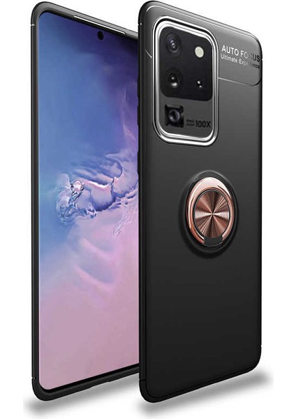Samsung Galaxy S20 Ultra Yüzüklü Manyetik Ravel Kılıf Nano Ekran Koruyucu Full Setsiyah Bronz
