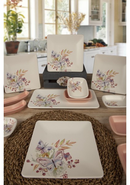 15 Parça 6 Kişilik Kahvaltı Takım Kare Bahar Çiçekli Mat Pembe