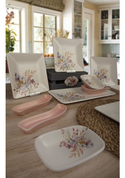 15 Parça 6 Kişilik Kahvaltı Takım Kare Bahar Çiçekli Mat Pembe fiyatları