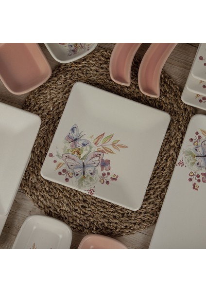 15 Parça 6 Kişilik Kahvaltı Takım Kare Bahar Çiçekli Mat Pembe modelleri