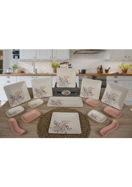 15 Parça 6 Kişilik Kahvaltı Takım Kare Bahar Çiçekli Mat Pembe fırsatları