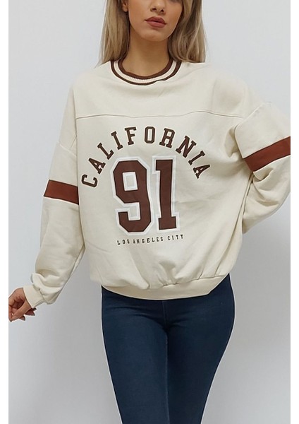 California Baskılı Kolej Yaka Oversize Içi Tüylü Sweatshirt Krem