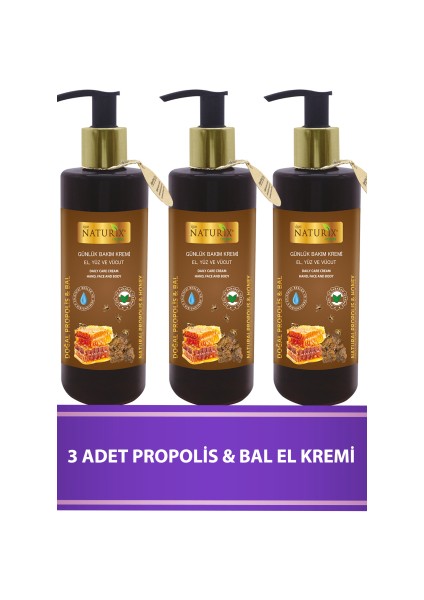 3 Adet  Doğal Propolis & Bal Özlü 250 ml Nemlendirici El - Yüz - Vücut Bakım Kremi