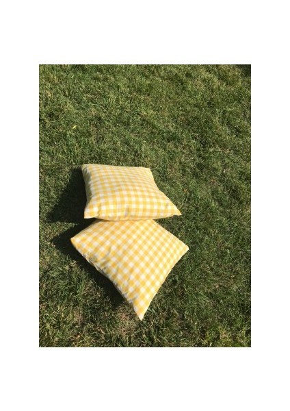 Sarı Ekose Pötikare Masa Örtüsü 170 x 170 2 Adet Minder 50*50CM