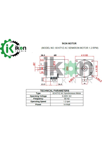 Ikon Teknik 1.2 Rpm 60KTYZ 14W Ac Redüktörlü Senkron Motor, Çevirme Motoru, Düşük Hızlı Dişli Çevirme Motoru