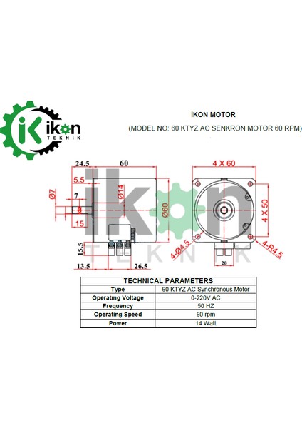 Ikon Teknik 60RPM 14W 60KTYZ Ac Senkron Motor, Dakikada 60 Tur Dönen Dişli Motor, 14W, Redüktörlü Motor