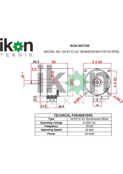 Ikon Teknik 60 Rpm 28W 68KTYZ Ac Senkron Motor, Dakikada 60 Tur Çevirme Mo...