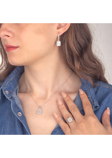 925 Ayar Gümüş Baget Taşlı Trapez Takı Seti