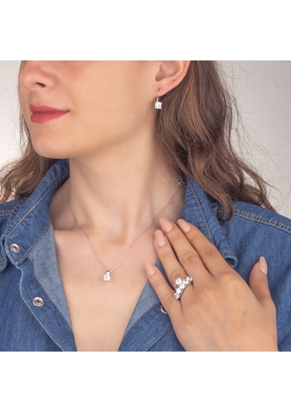 925 Ayar Gümüş Tek Taş Beş Taş Kombin Takı Seti