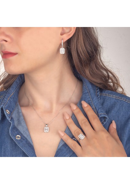 925 Ayar Gümüş Baget Taşlı Trapez Takı Seti