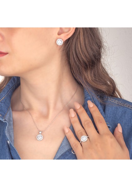 925 Ayar Gümüş Pırlanta Tasarım Yuvarlak Takı Seti